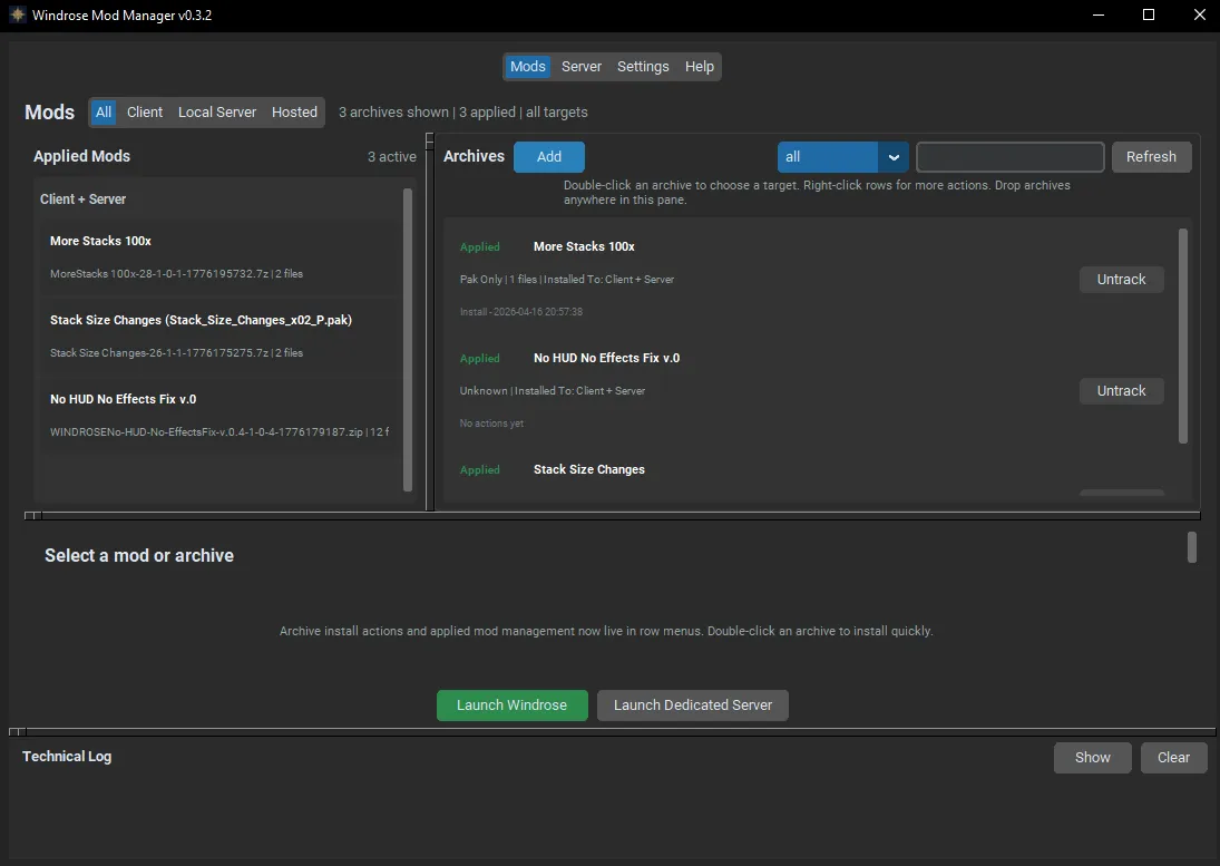 Windrose Mod Manager mods screen showing applied mods and archive management.