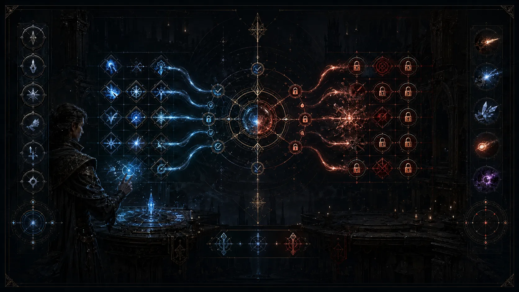 Spell Blocker artwork showing spell icons routed through allow and block channels with lock sigils.