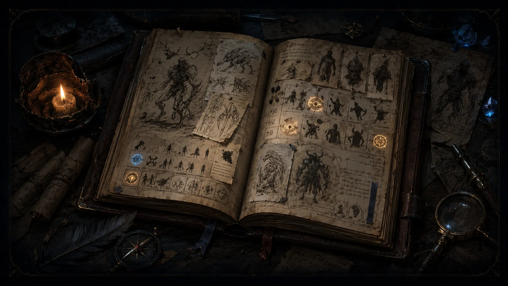 Tav's Bestiary artwork showing an open creature journal with sketches, notes, and discovery markers.